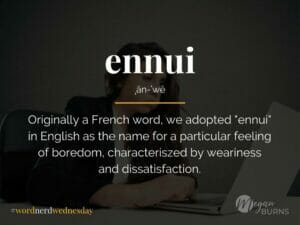 ennui: originally a French word, we adopted "ennui" in English as the name for a particular feeling of boredom, characterized by weariness and dissatisfaction.